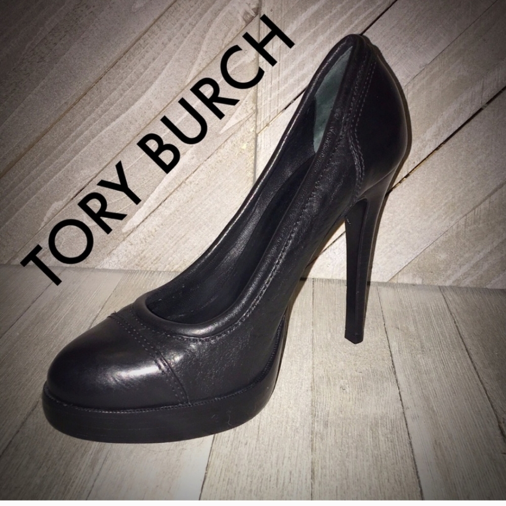 TORY BURCH Black Leather Round Toe Platform Pumps